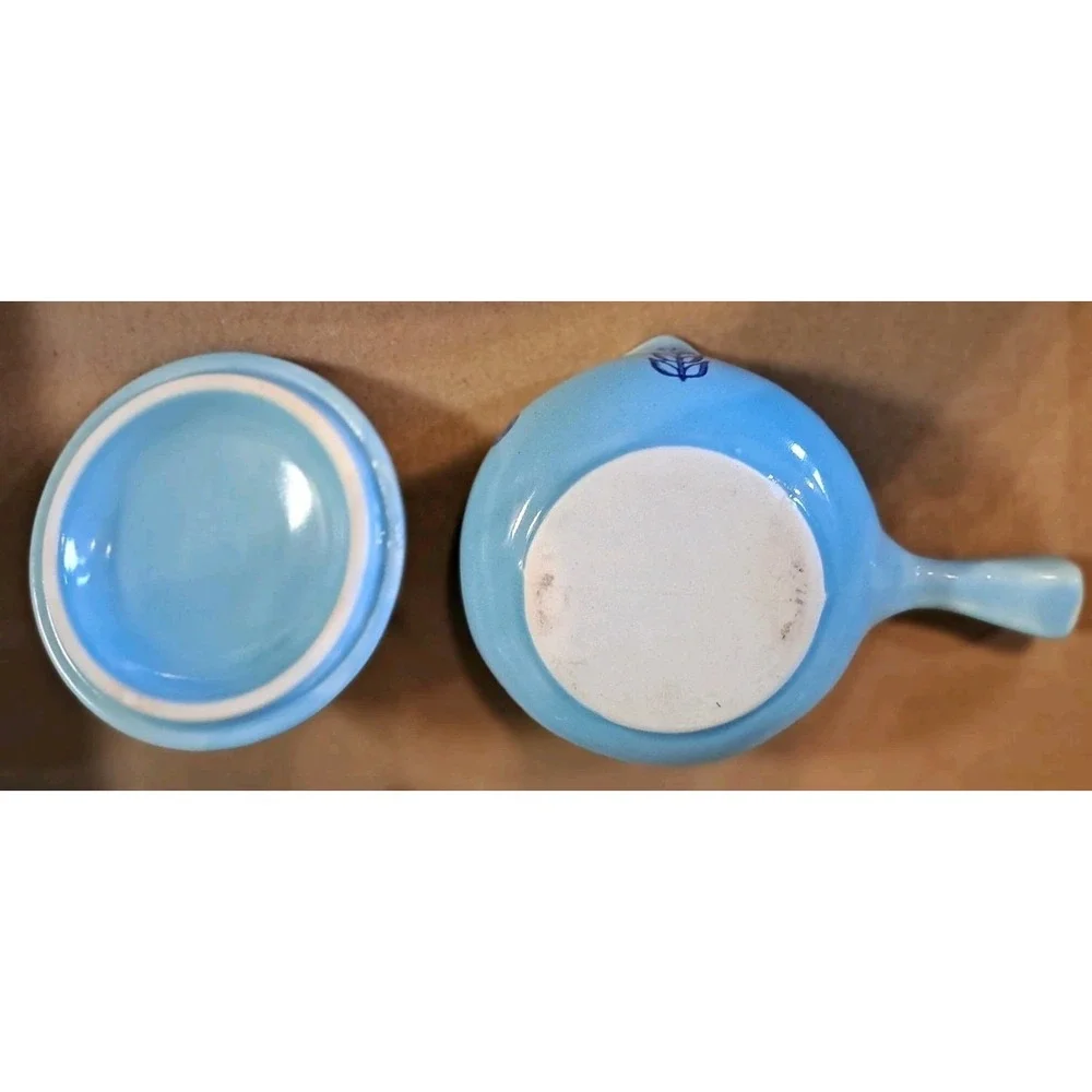 Lot Of 4 Vtg MCM Cronin Blue Tulip Mini Soup/Pot w Lid/Handle Dutch Ovenware USA